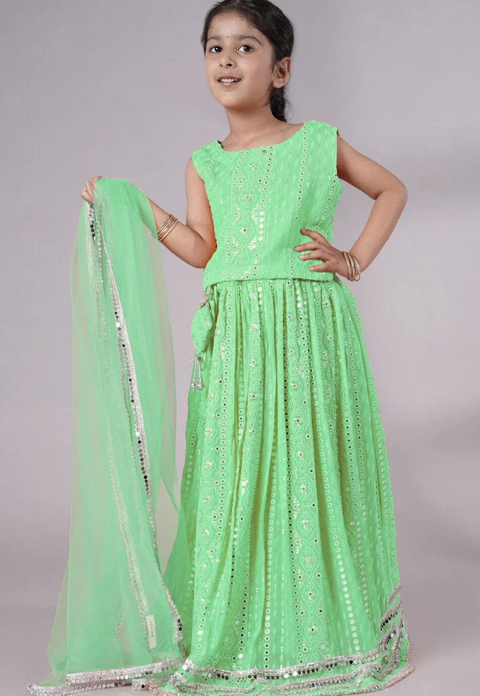 Embroidered Georgette Lehenga in Light Green