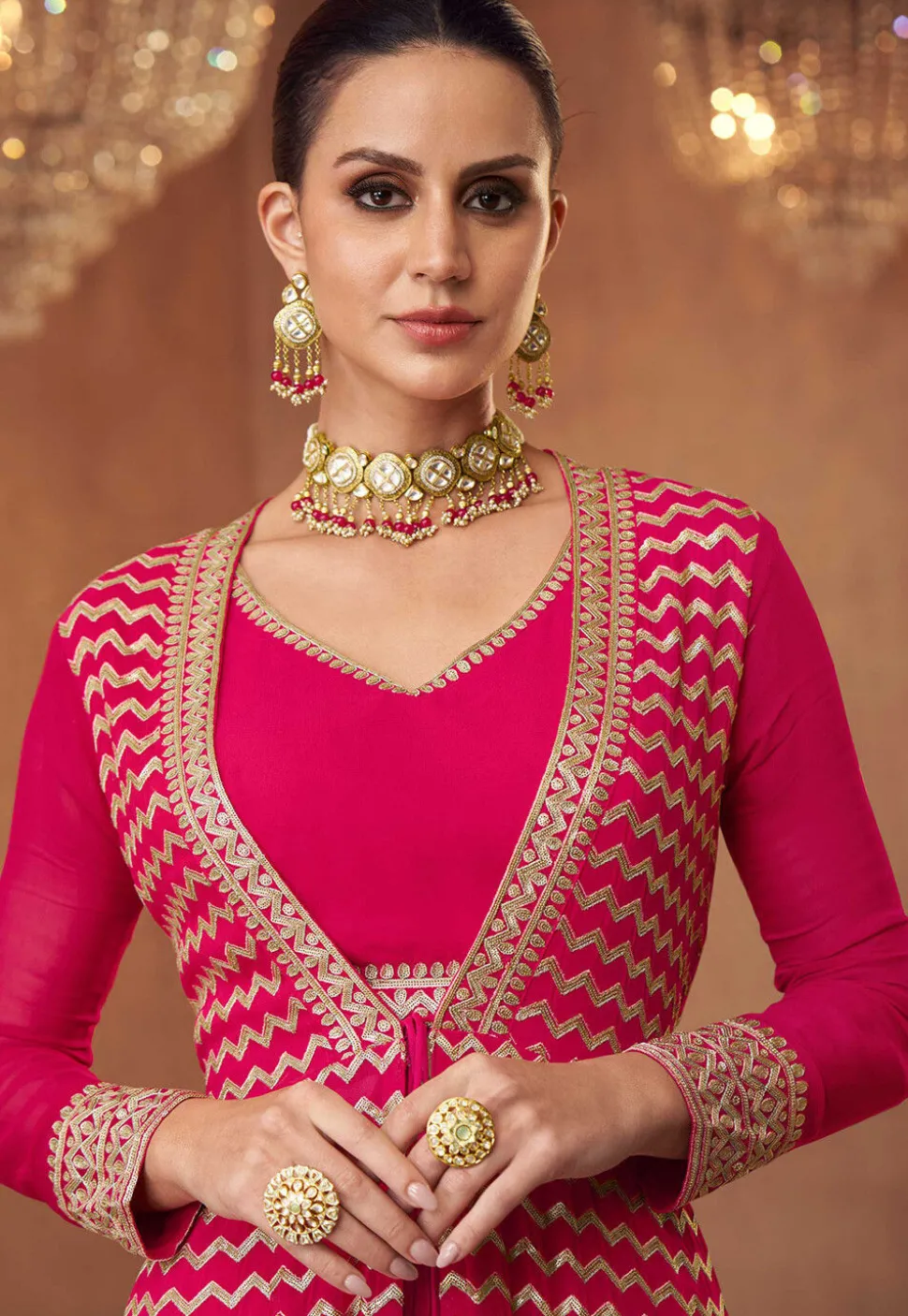 Embroidered Georgette Lehenga in Fuchsia