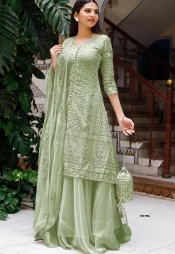 Embroidered Georgette Lehenga in Pastel Green