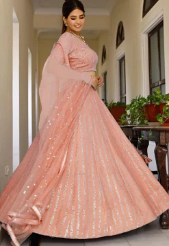 Embroidered Georgette Lehenga in Peach