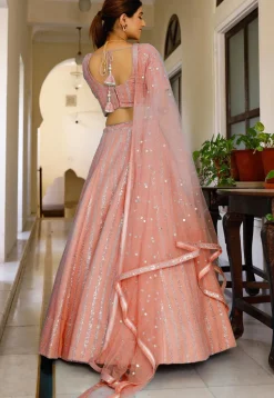 Embroidered Georgette Lehenga in Peach