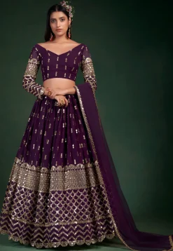 Embroidered Georgette Lehenga in Purple
