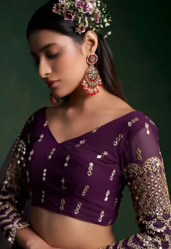 Embroidered Georgette Lehenga in Purple