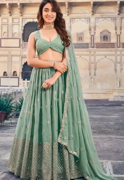 Embroidered Georgette Lehenga in Dusty Green