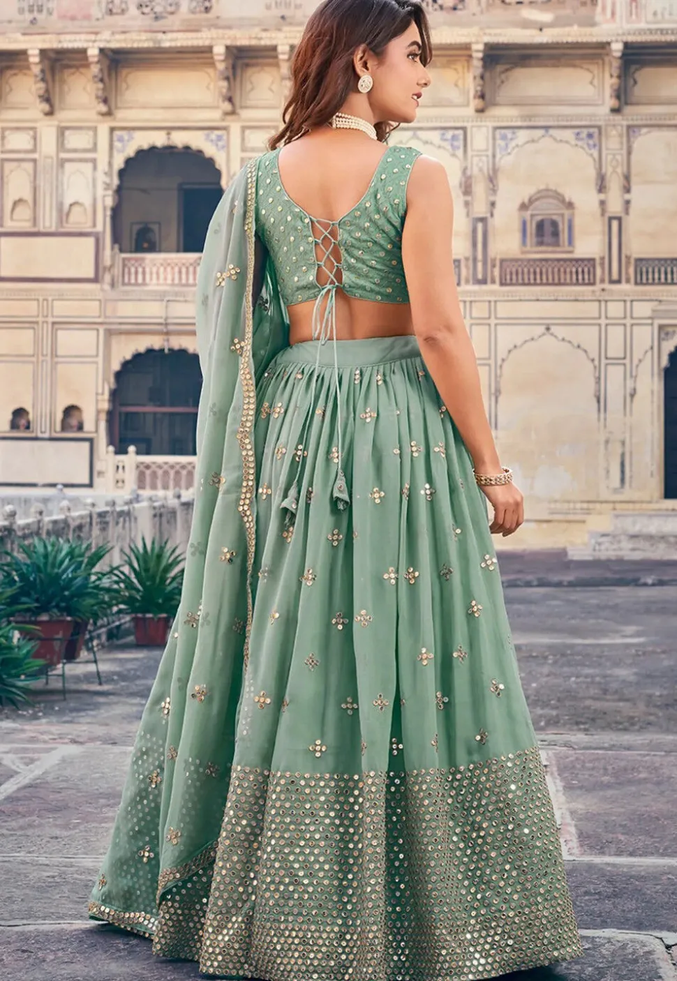 Embroidered Georgette Lehenga in Dusty Green