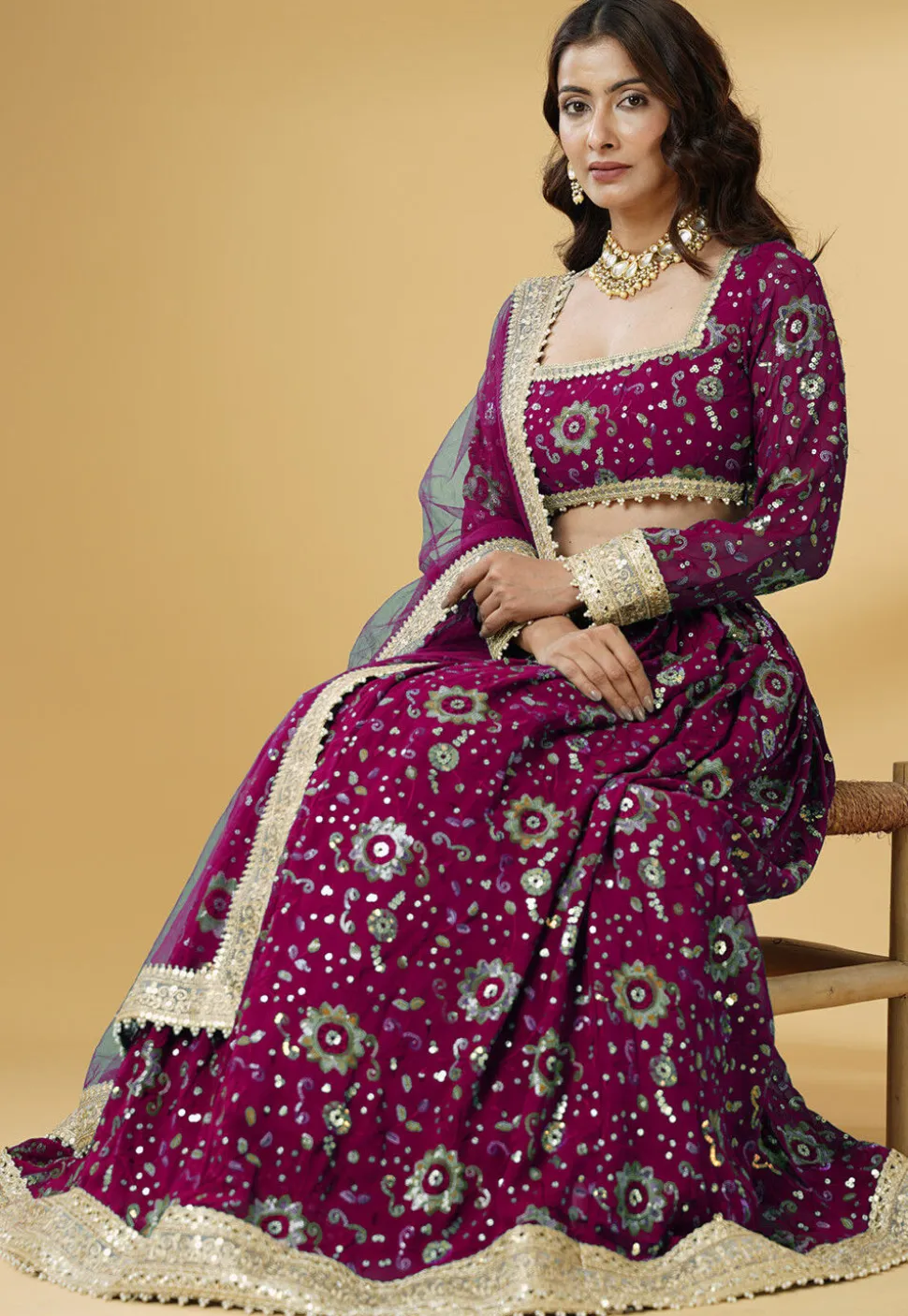 Embroidered Georgette Lehenga in Magenta