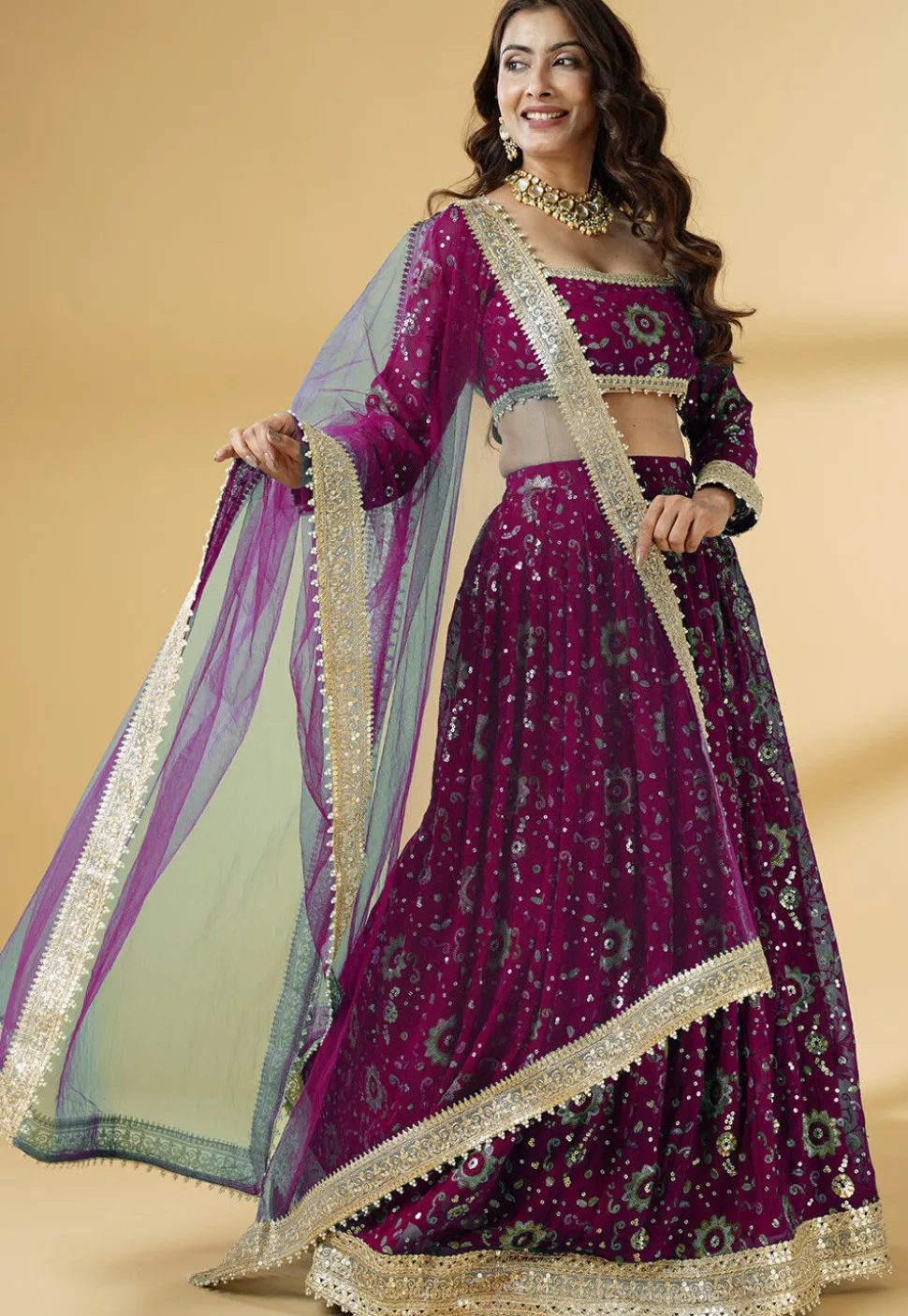 Embroidered Georgette Lehenga in Magenta