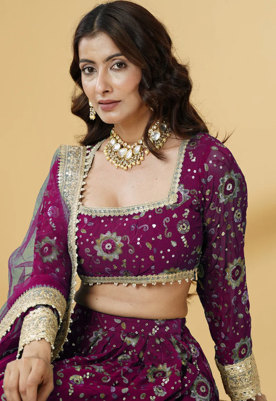 Embroidered Georgette Lehenga in Magenta