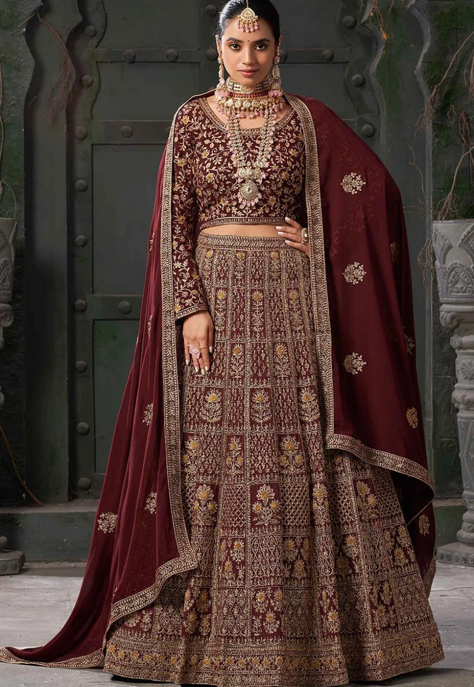 Embroidered Georgette Lehenga in Maroon