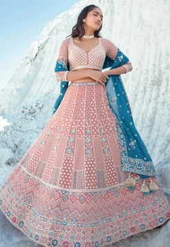 Embroidered Georgette Lehenga in Peach