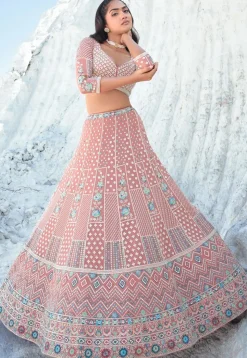 Embroidered Georgette Lehenga in Peach
