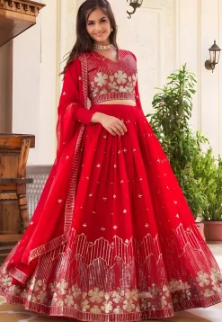 Embroidered Georgette Lehenga in Red