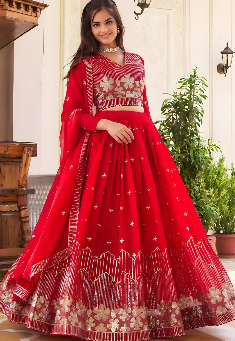 Embroidered Georgette Lehenga in Red