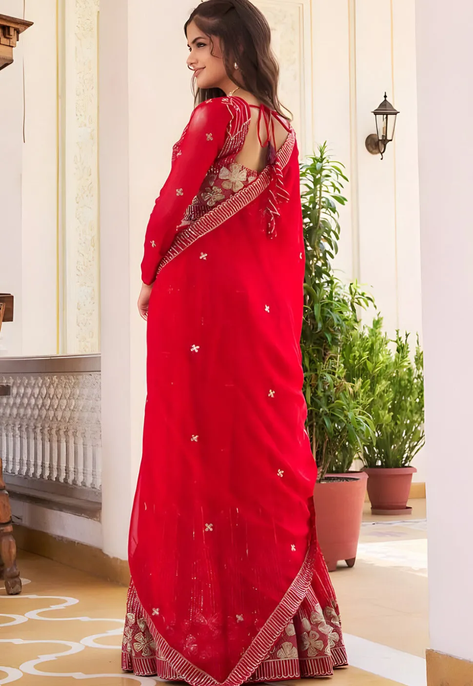 Embroidered Georgette Lehenga in Red