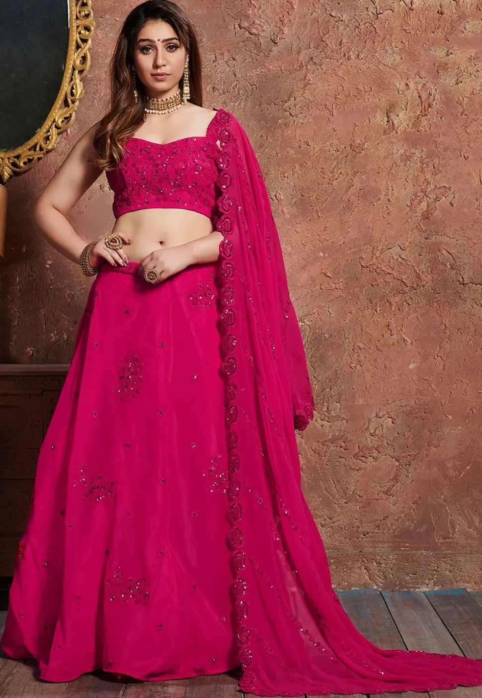 Embroidered Georgette Lehenga in Fuchsia