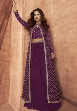 Embroidered Georgette Lehenga in Purple