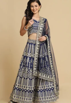 Embroidered Georgette Lehenga in Navy Blue
