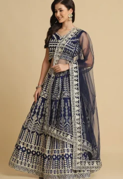 Embroidered Georgette Lehenga in Navy Blue