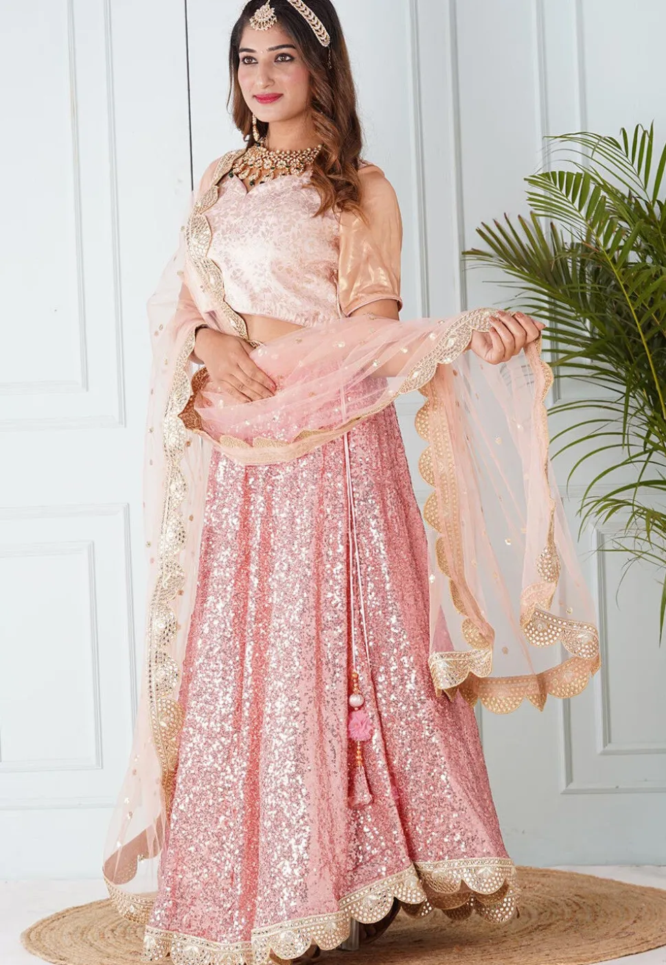 Embroidered Georgette Lehenga in Light Pink