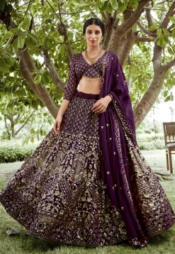 Embroidered Georgette Lehenga in Purple