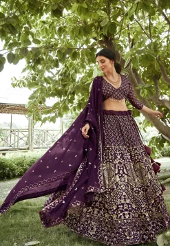 Embroidered Georgette Lehenga in Purple