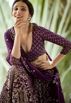 Embroidered Georgette Lehenga in Purple