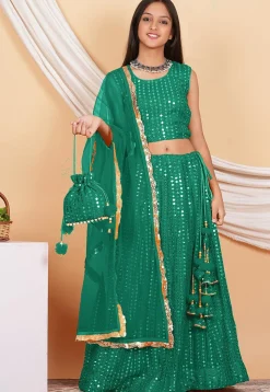 Embroidered Georgette Lehenga in Teal Green