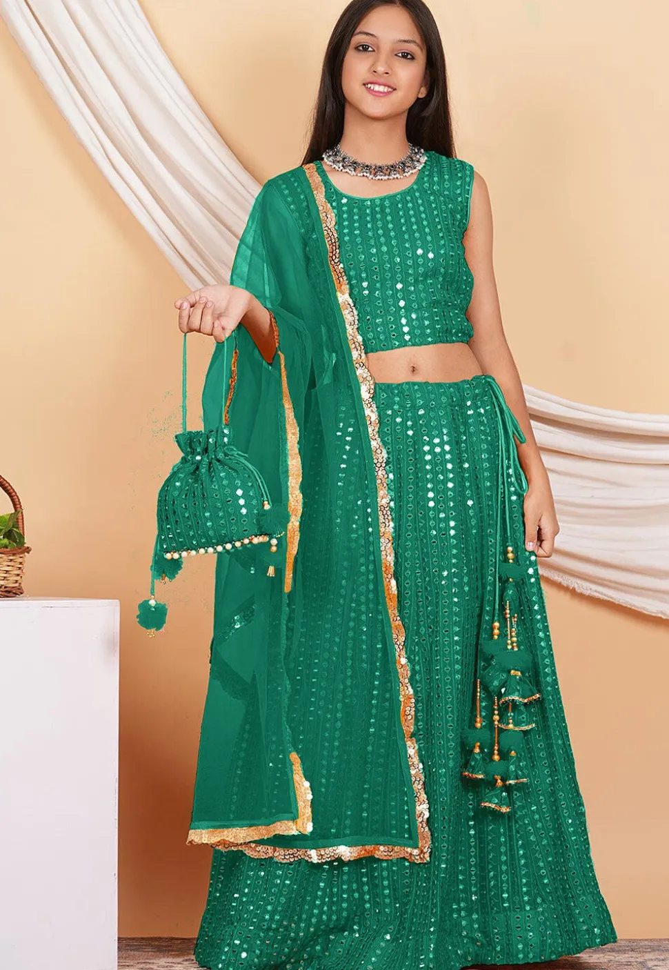 Embroidered Georgette Lehenga in Teal Green