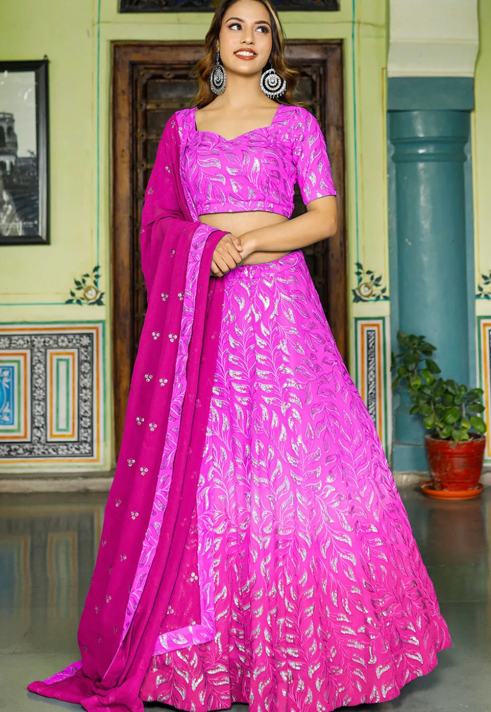 Embroidered Georgette Lehenga in Shaded Pink