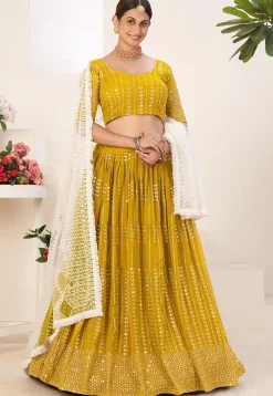 Embroidered Georgette Lehenga in Mustard