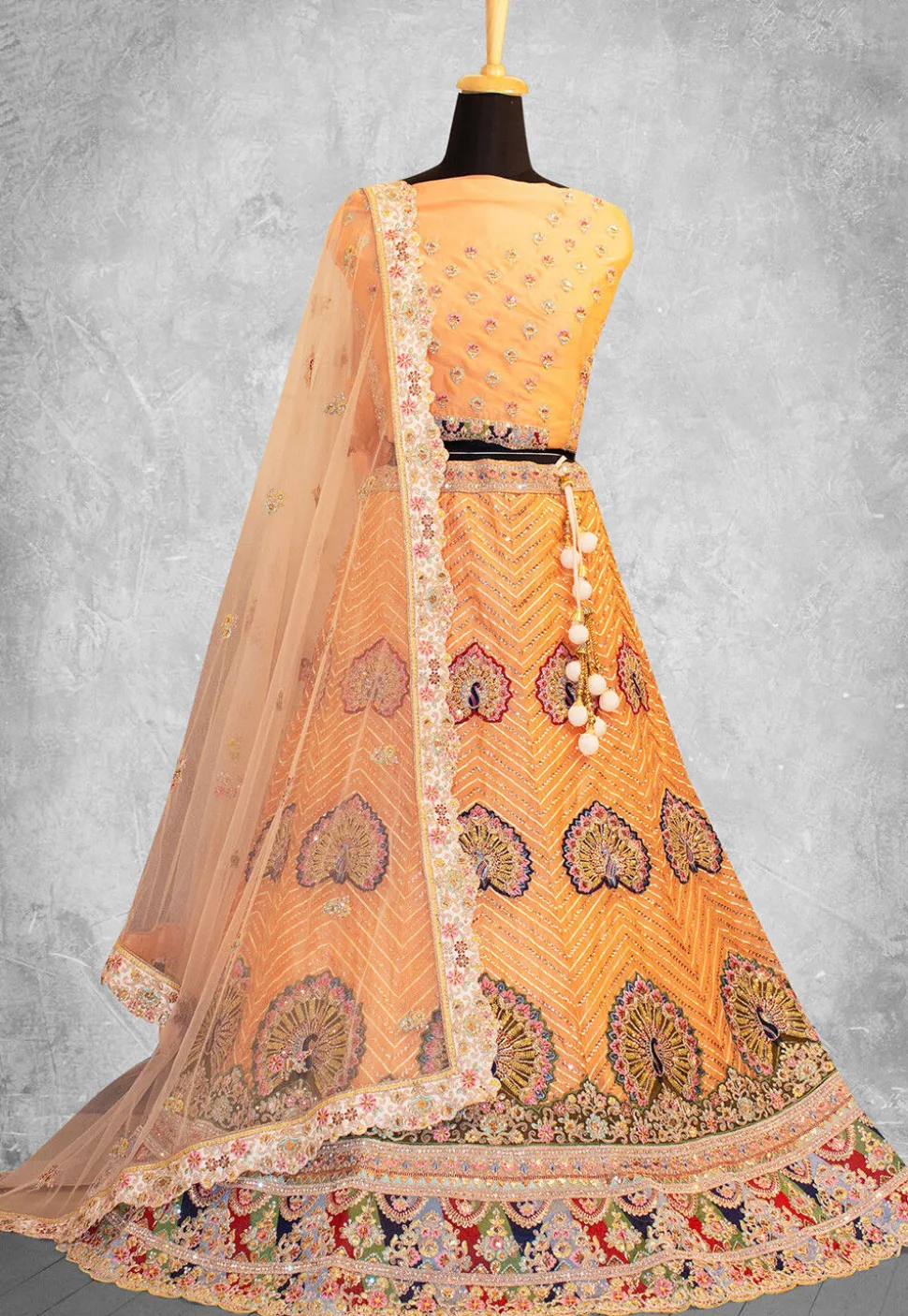 Embroidered Georgette Lehenga in Orange