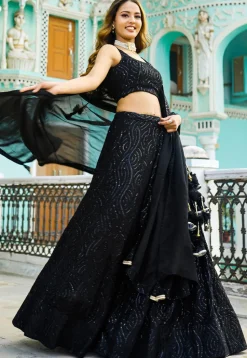 Embroidered Georgette Lehenga in Black