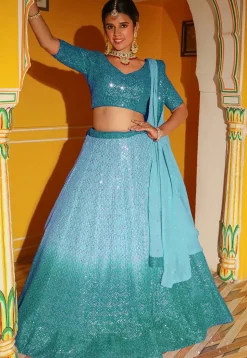 Embroidered Georgette Lehenga in Shaded Turquoise