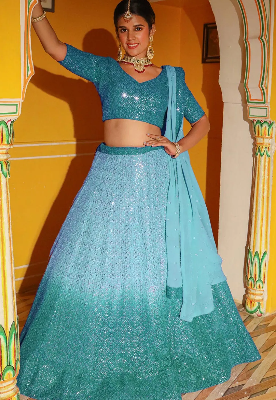 Embroidered Georgette Lehenga in Shaded Turquoise