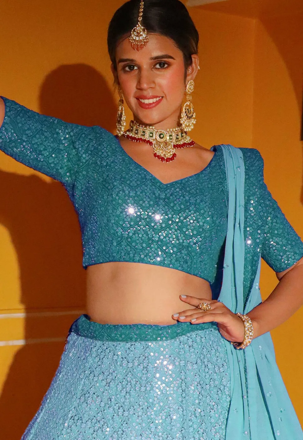 Embroidered Georgette Lehenga in Shaded Turquoise