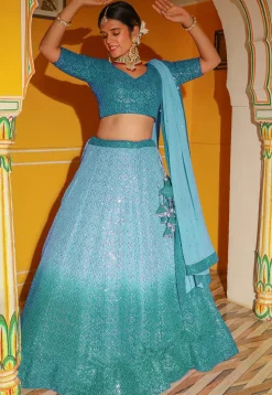 Embroidered Georgette Lehenga in Shaded Turquoise