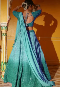Embroidered Georgette Lehenga in Shaded Turquoise