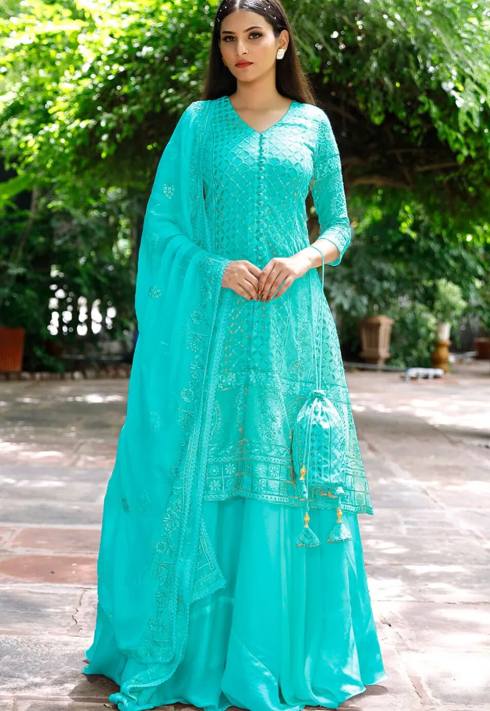 Embroidered Georgette Lehenga in Light Turquoise