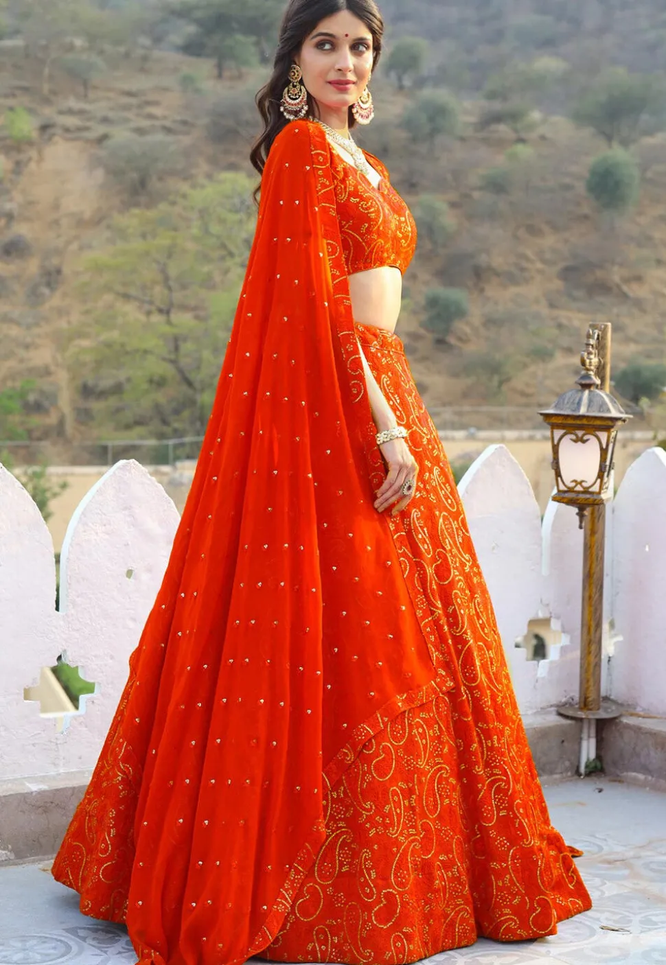 Embroidered Georgette Lehenga in Orange