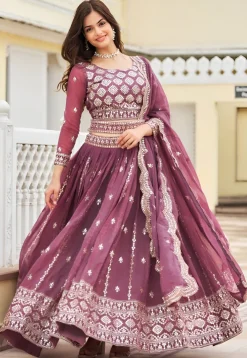 Embroidered Georgette Lehenga in Dusty Purple