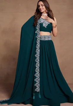 Embroidered Georgette Lehenga in Teal Blue