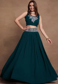 Embroidered Georgette Lehenga in Teal Blue