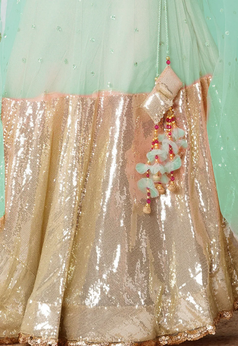 Embroidered Georgette Lehenga in Pastel Green and Beige