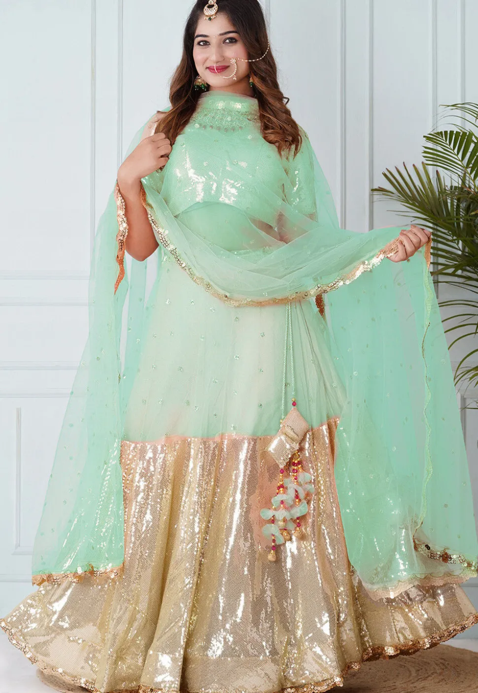 Embroidered Georgette Lehenga in Pastel Green and Beige