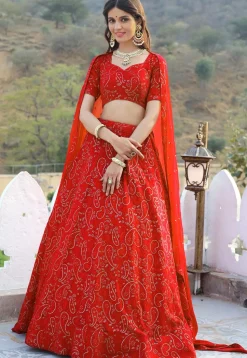 Embroidered Georgette Lehenga in Red