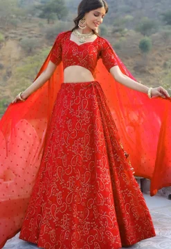 Embroidered Georgette Lehenga in Red