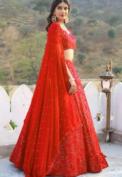 Embroidered Georgette Lehenga in Red