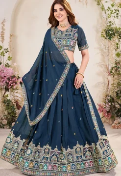 Embroidered Georgette Lehenga in Teal Blue