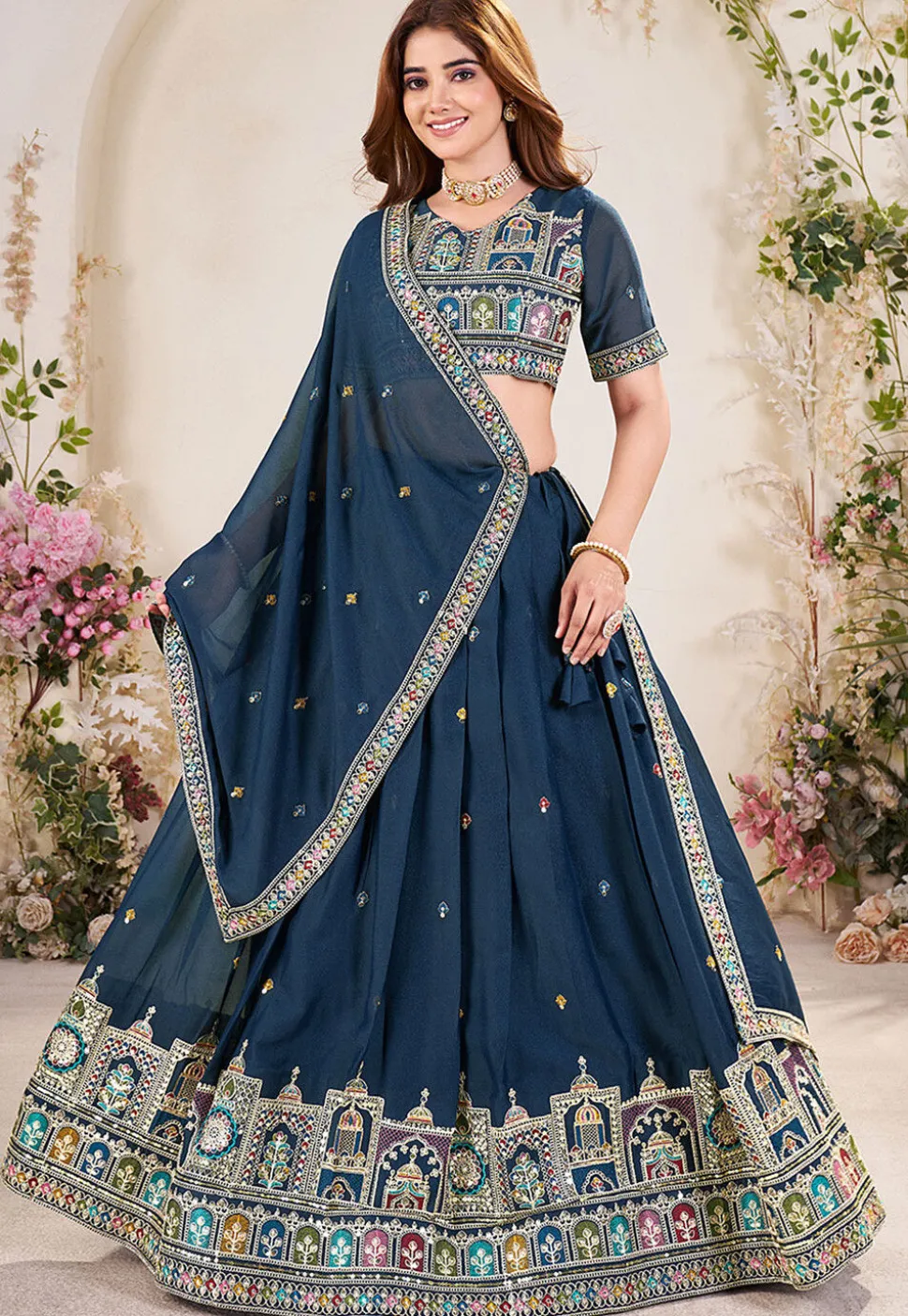 Embroidered Georgette Lehenga in Teal Blue