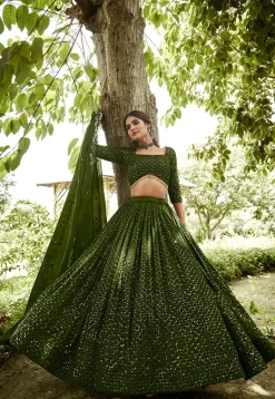 Embroidered Georgette Lehenga in Olive Green